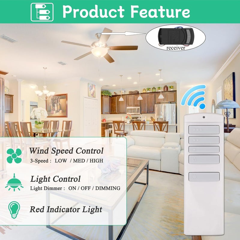 Prichor Universal Ceiling Fan Remote Control Kit Replacement for Harbor Breeze Hampton Bay Hunter, 3 Speeds with Light Dimmer, Replace A25-TX001-R1/A25-TX005-R/A25-TX013/ZJF-RT01A, 315MHz - Image 2